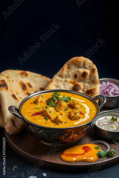 Fototapeta Delicious Indian curry served in a bowl with fresh coriander garnish, paired with soft naan bread, sliced onions, and creamy yogurt, presented beautifully on a wooden platter with rich flavors.