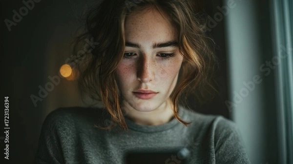 Fototapeta Teen anxiety while scrolling through phone at home close-up portrait indoor emotional state comparing low rescale visuals