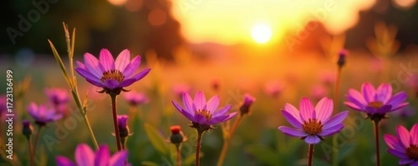 Obraz Violet and pink wildflowers bloom in a sun-drenched meadow at sunset , wildflowers, meadow