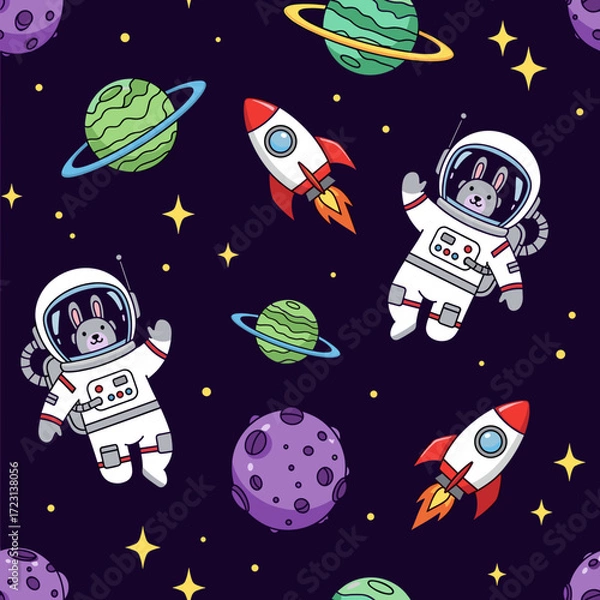 Fototapeta Cute astronaut bunnies explore space with rockets and planets Fun playful pattern for kids