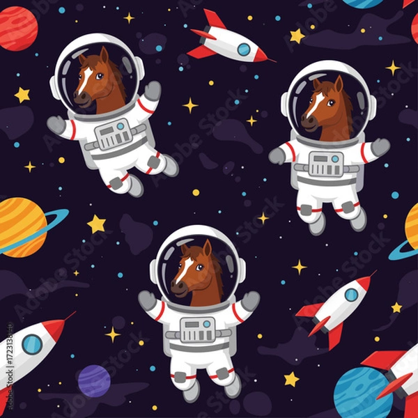 Fototapeta Whimsical horses in astronaut suits float through starry outer space with rockets and planets