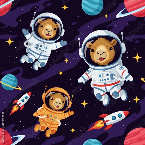 Fototapeta Cute camel astronauts explore space with rockets and planets Fun adventure for kids