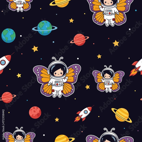 Fototapeta Smiling astronaut butterflies explore space with planets and rockets in a playful pattern