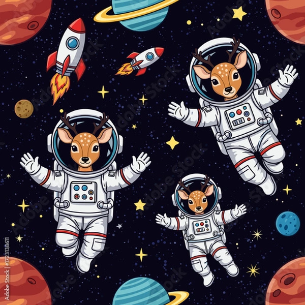 Fototapeta Cute cartoon deer astronauts float in space with rockets planets and stars for kids adventure