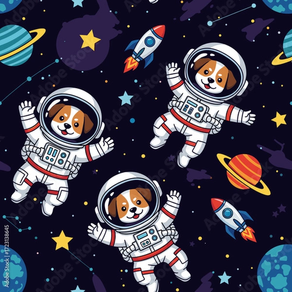 Fototapeta Cute cartoon dogs in astronaut suits exploring the galaxy with planets and rockets Fun space adventure