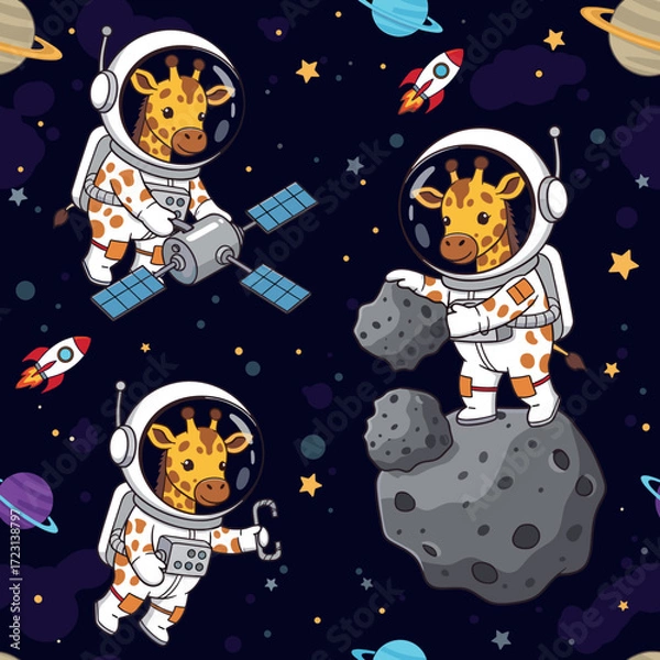 Fototapeta Playful giraffe astronauts explore space planets and asteroids symbolizing adventure and discovery