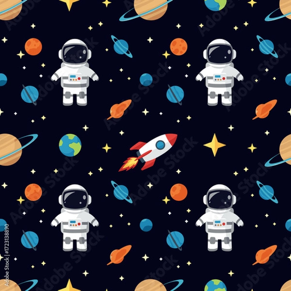 Fototapeta Seamless space pattern with cute cartoon astronauts planets stars and rocket Kids adventure