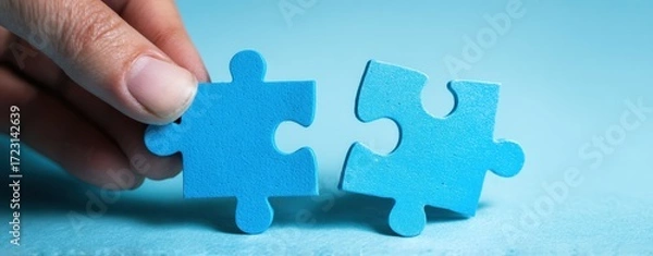 Fototapeta The hand connecting two blue puzzle pieces on a serene background.