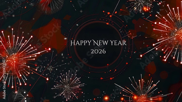 Fototapeta A digital illustration of "HAPPY NEW YEAR 2026" with vibrant fireworks exploding in red, white, and gold against a dark background.