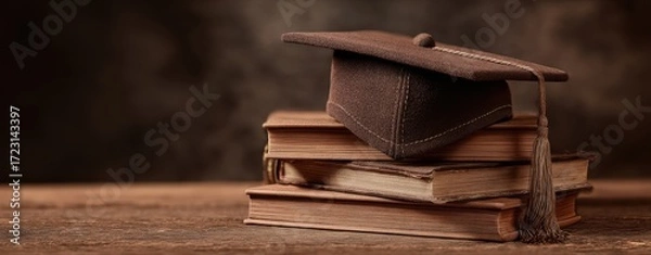Fototapeta The graduation cap resting on a stack of vintage books