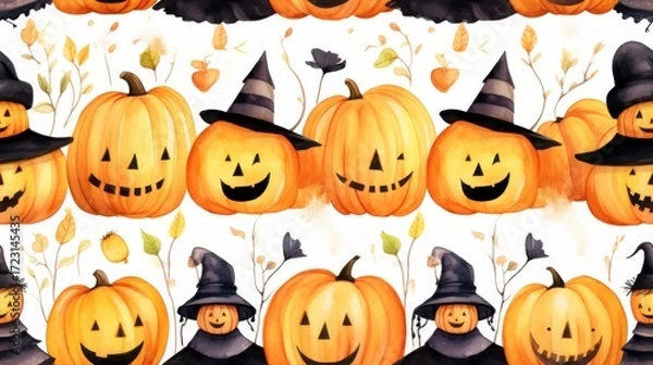 Obraz watercolor pumpkin with hats halloween pattern