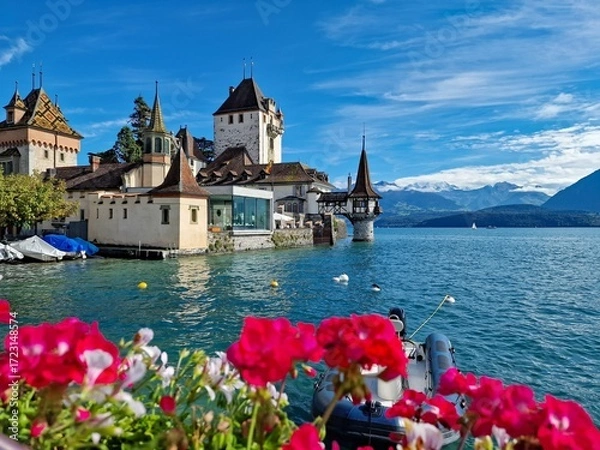 Fototapeta Scenic view of Oberhofen Castle on Lake Thun framed by vibrant geraniums, with snow-capped Alps in the background on a bright sunny day.