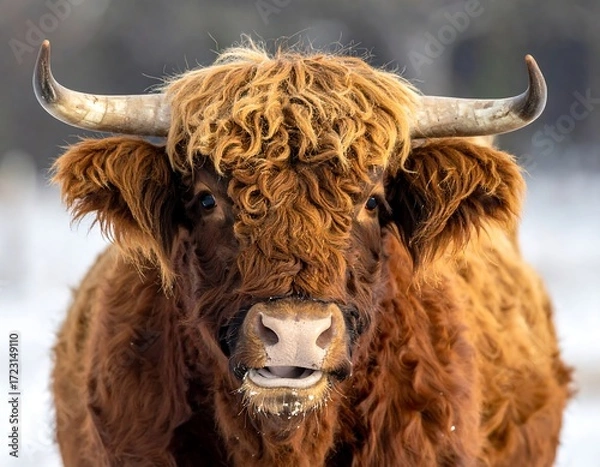 Fototapeta Close-up of a Highland cow in winter