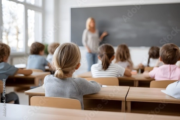 Fototapeta Class of children learning lesson from teacher