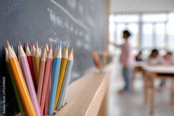 Fototapeta Colored pencils in classroom with children learning