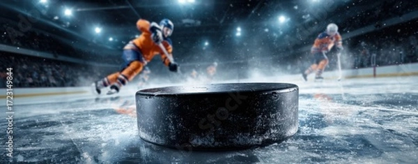 Fototapeta The puck on the ice during an intense hockey match.