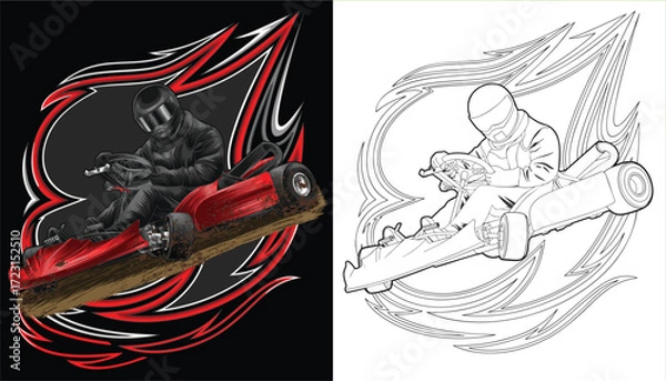 Fototapeta Red and painted racing car. Isolated in black background, for t-shirt design, print. and for business purposes.