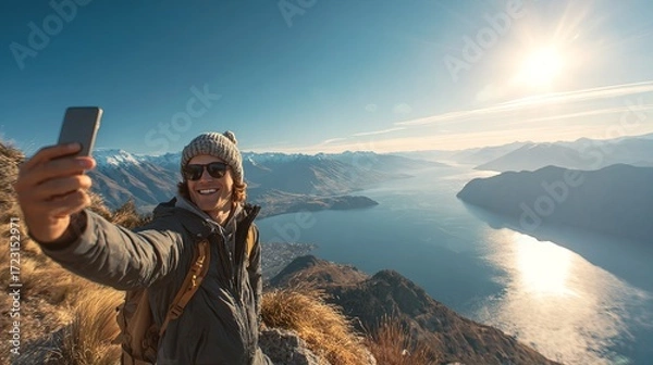 Fototapeta Travel influencer capturing selfie at scenic overlook lake landscape photorealistic image daylight setting adventurous spirit