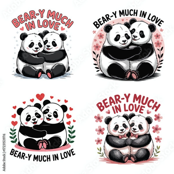 Fototapeta Two pandas hugging with hearts and flowers love couple