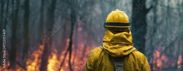 Fototapeta The firefighter facing the raging wildfires in a forest landscape.