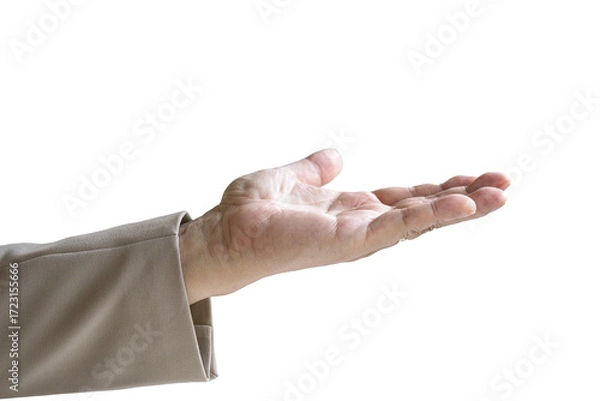 Fototapeta Man stretching out his hand, palm open wide. Take or give concept. Isolated on transparent background.