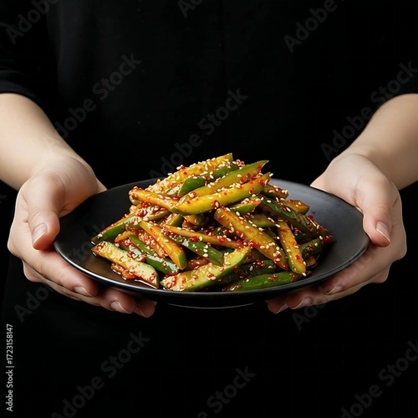 Fototapeta hands holding plate of oi muchim 오이무침 (spicy cucumber salad) with sliced cucumbers, red chili flakes, and sesame seeds, served on a black dish against a black background
