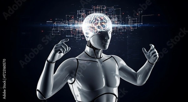 Obraz Faceless 3D Mannequin-Style Humanoid with Glowing Artificial Intelligence Brain – Digital Technology, Innovation Concept Illustration, AI, Futuristic and Smart Systems