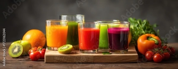 Fototapeta The colorful array of fresh juices with vibrant fruits and vegetables.