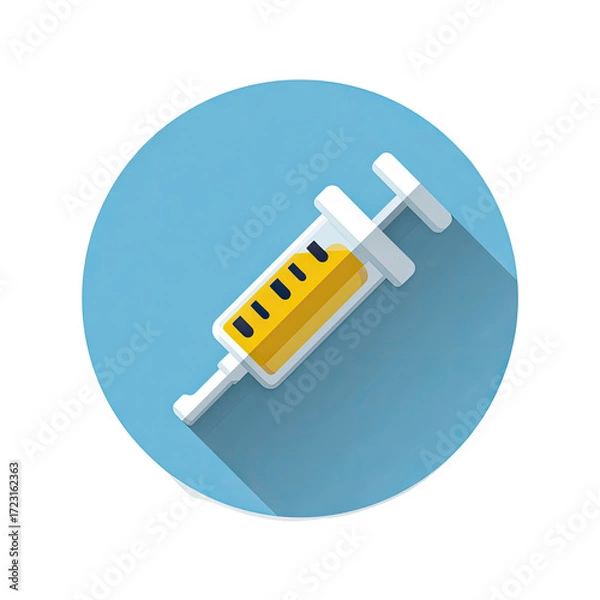 Obraz A light-blue circle icon depicts a syringe filled with a light-yellow liquid.  The syringe is angled to the right