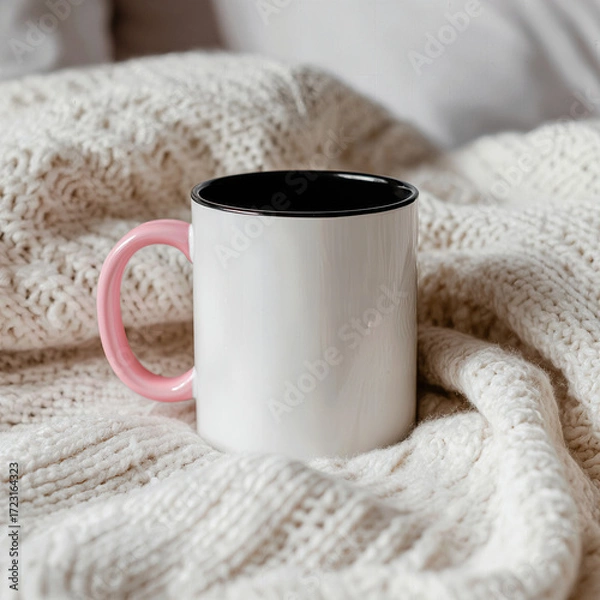 Fototapeta A clean and modern two-tone mug mockup with a pink handle, resting on a cozy, knitted white blanket, a perfect template for personalized gift and branding designs.
