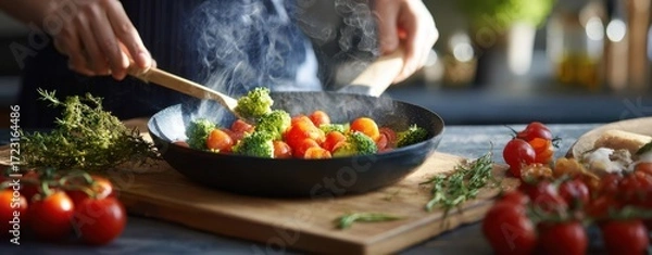 Fototapeta The vibrant cooking scene with fresh vegetables in a steaming pan