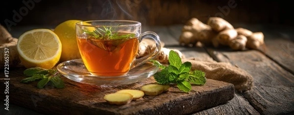 Fototapeta The steaming cup of ginger tea with lemon and fresh mint leaves.