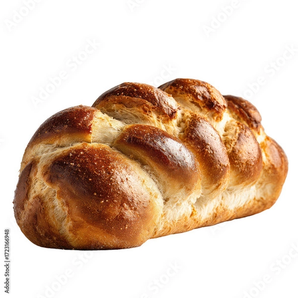 Obraz Golden-brown braided loaf of bread, slightly oblong, with a crisp crust and soft interior, possibly enriched dough