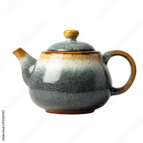 Obraz Small, round teapot with a speckled grey, white, and brown glaze; rounded handle and lid