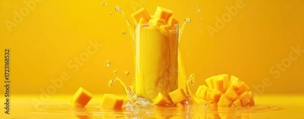 Fototapeta The refreshing splash of mango juice in a bright yellow setting.