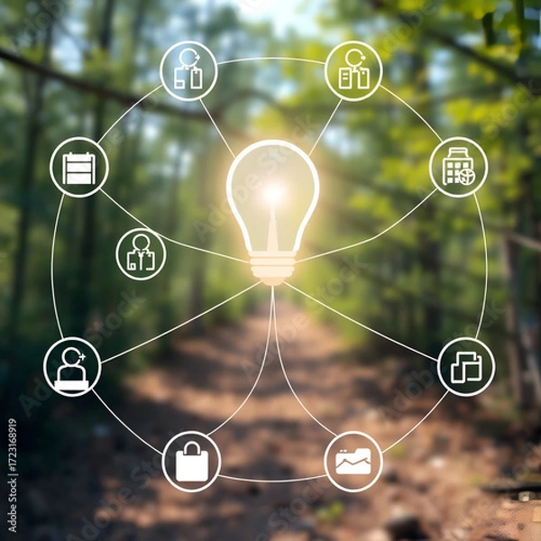 Fototapeta Energy Internet network structure and icons on natural background.