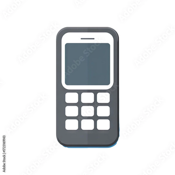 Fototapeta Flat, stylized illustration of a dark gray older-style mobile phone.  A rectangular screen and keypad are visible