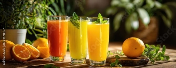 Fototapeta The refreshing assortment of colorful juices with mint and oranges.