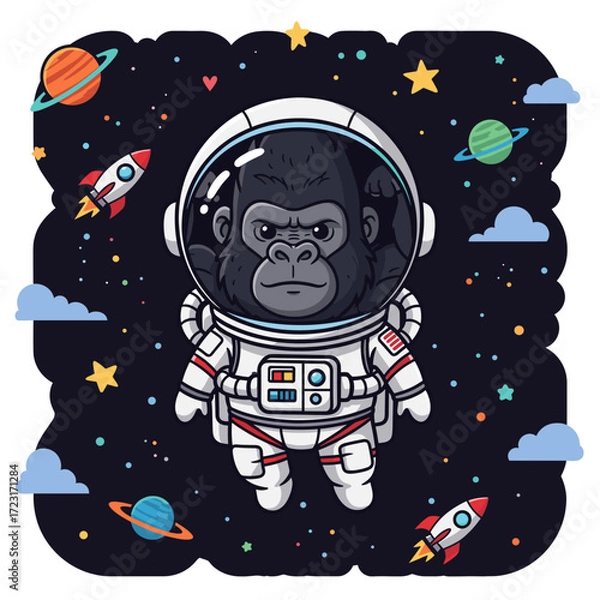 Fototapeta Charming gorilla astronaut in space surrounded by vibrant planets stars and rockets Fun adventure