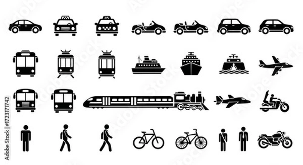 Fototapeta Diverse transportation methods in black silhouette, including cars, buses, trains, and bicycles vector design