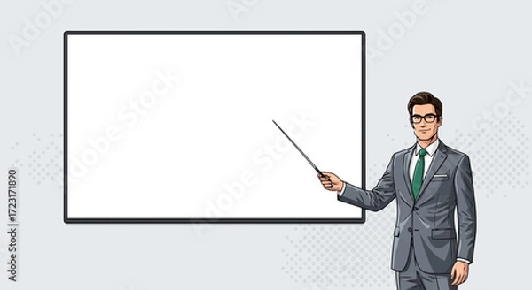 Fototapeta Man in suit presenting on a blank whiteboard with pointer stick vector design