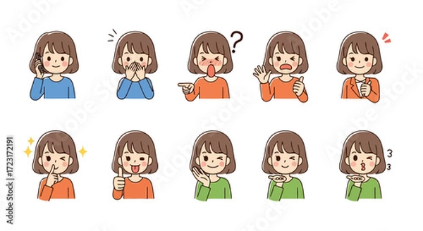 Fototapeta Illustration of a girl showing various facial expressions vector design