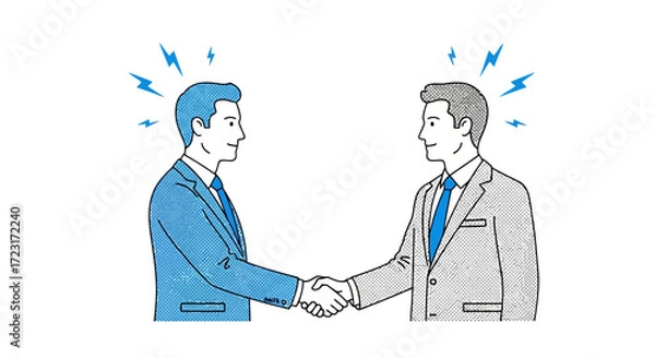 Fototapeta Two businessmen shaking hands with blue lightning bolts vector design