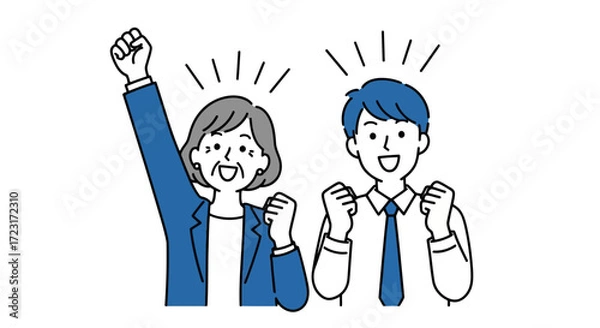 Fototapeta Two business people celebrating success, expressing achievement and teamwork vector design