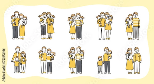 Fototapeta Collection of diverse families with children in various poses vector design