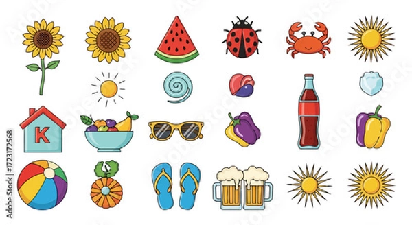 Fototapeta A colorful collection of summer themed icons, including sunflowers, watermelon, and beach ball vector design