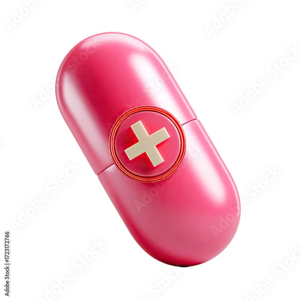 Fototapeta 3D rendered, glossy, pink capsule pill with a white plus symbol