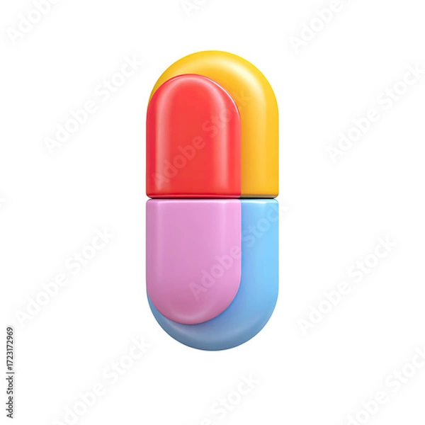 Fototapeta Colorful, stylized pill graphic.  A 3D capsule, divided into sections of vibrant yellow, red, purple, and light blue.  Rounded, smooth surfaces.  Simple, bold design