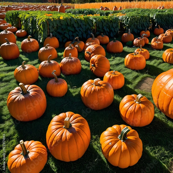 Fototapeta Expansive pumpkin field in autumn, capturing cozy fall harvest vibes, seasonal outdoors, and rustic warm autumn atmosphere.