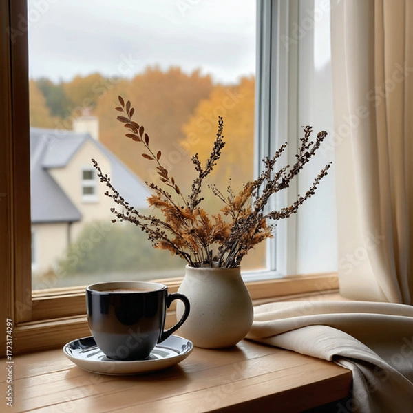 Fototapeta Coffee mug placed near a window with a vase of flowers, capturing cozy autumn vibes and warm seasonal indoor atmosphere.